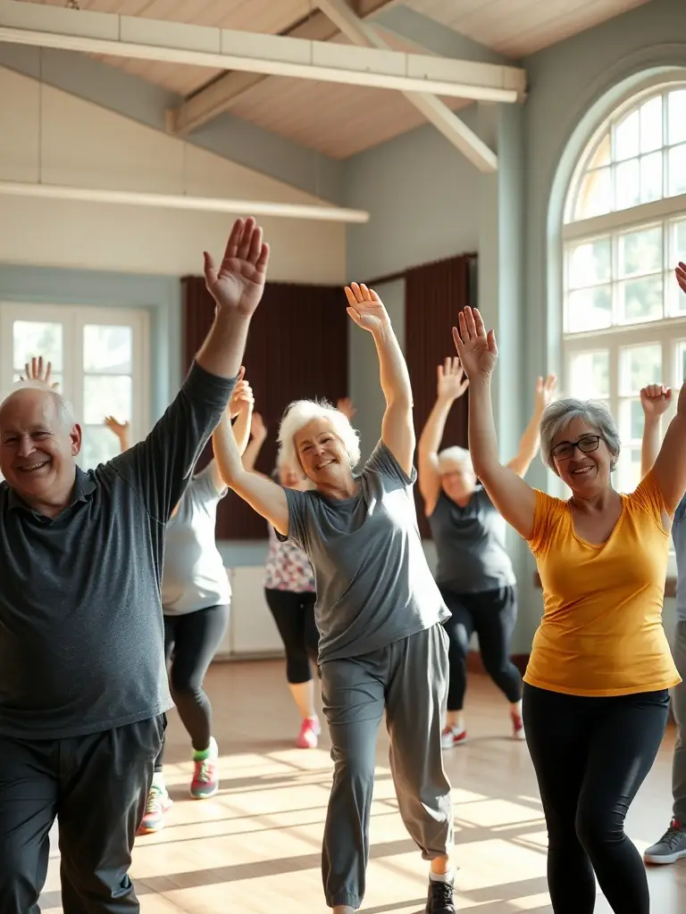 A group of smiling retirees participating in a gentle stretching exercise during a CLUB RETRAITES M.G.E.N gymnastics session, focusing on improved flexibility and mobility.