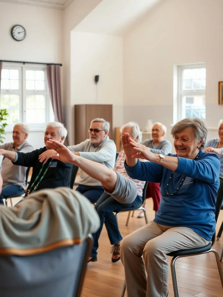 A group of retirees participating in a gentle stretching exercise during a voluntary gymnastics class, focusing on flexibility and balance, set in a bright and airy community center.