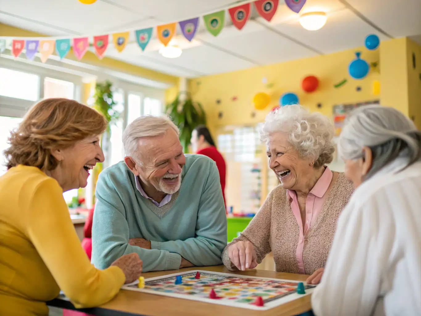 An image depicting a group of retirees laughing and socializing during a board game afternoon at the CLUB RETRAITES M.G.E.N center.