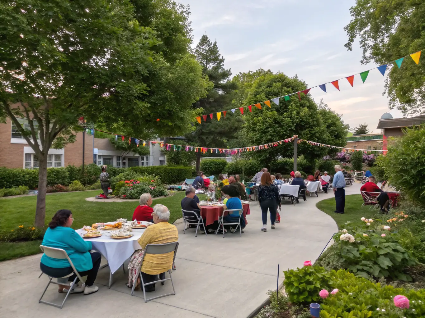 An image depicting a group of retirees participating in a community event organized by CLUB RETRAITES M.G.E.N, such as a picnic or a cultural outing. The atmosphere is lively and inclusive.