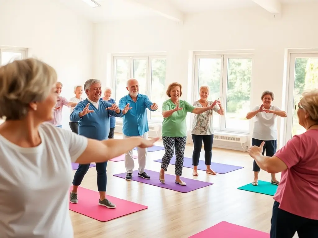A photograph capturing a group of smiling retirees participating in a gentle stretching exercise during a CLUB RETRAITES M.G.E.N gymnastics session. The setting is a bright, airy community center with natural light streaming in.