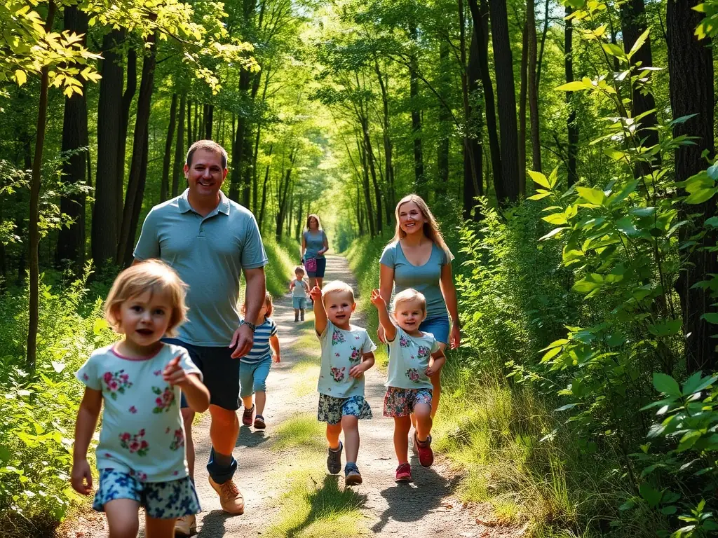 A vibrant image showing a group of seniors on a guided nature walk, enjoying the outdoors and fresh air.
