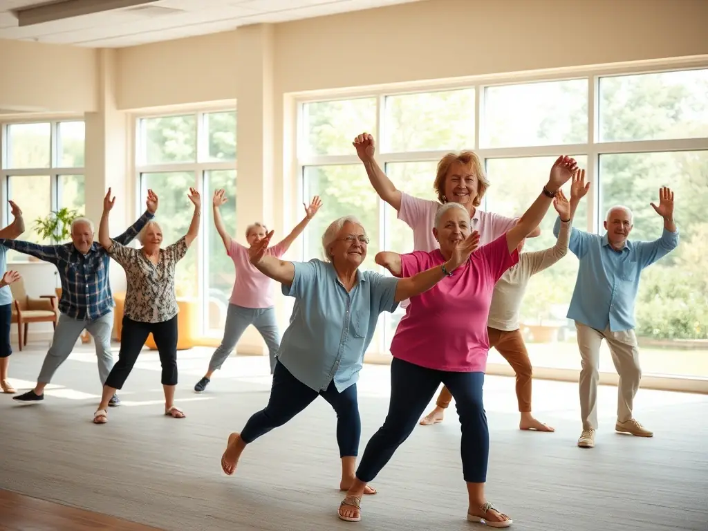 A group of retirees participating in a gentle gymnastics class, focusing on stretching and flexibility, with a qualified instructor guiding them. The setting is a bright and spacious community hall.
