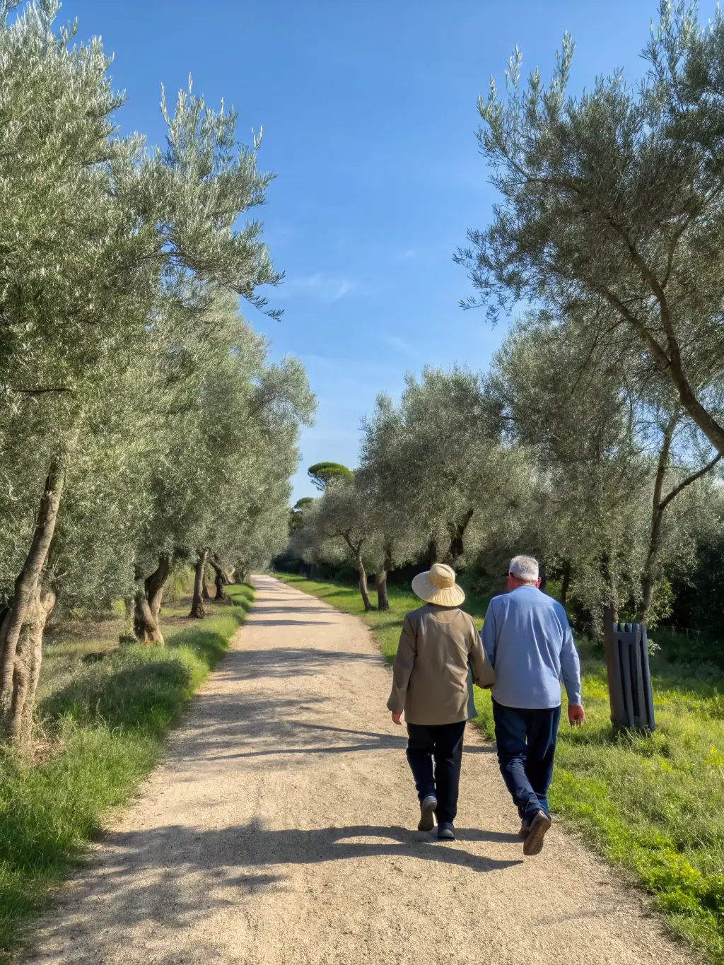 A group of retirees participating in a guided walking tour of a local park, highlighting the outdoor activities and exploration opportunities, led by a knowledgeable guide.