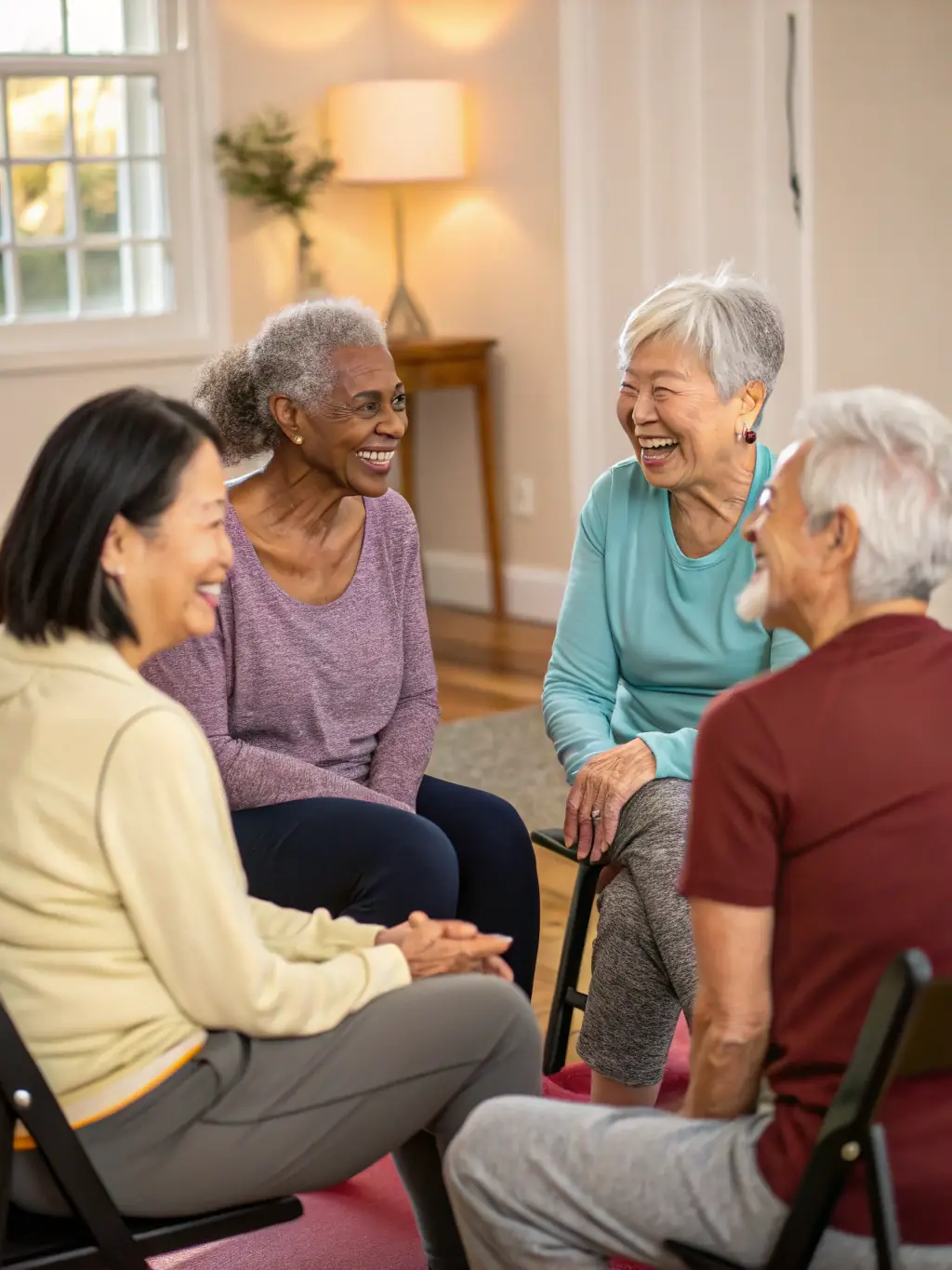 A group of seniors laughing and socializing after a gymnastics class, emphasizing the social benefits and community aspect of the program, held in a welcoming community space.