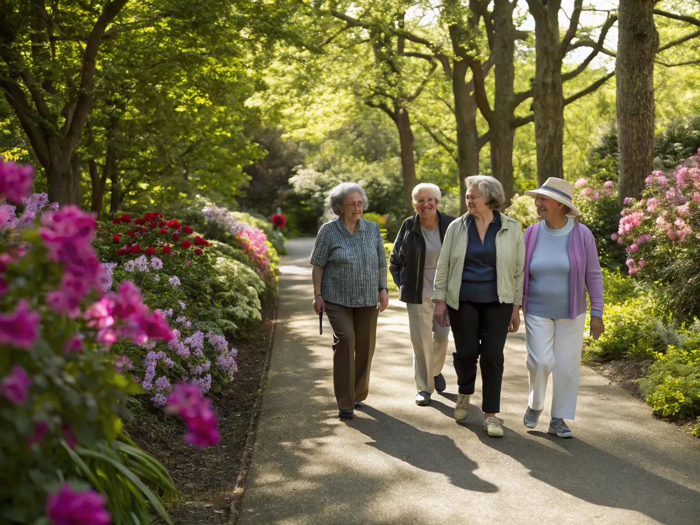 A group of retirees participating in a walking tour of a local park, enjoying the fresh air and scenery. The guide is pointing out interesting landmarks and sharing information about the area.