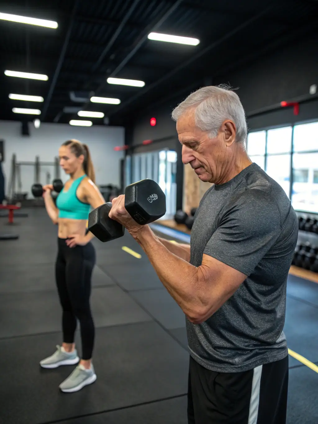 A close-up shot of a retiree using light weights during a strength training session, emphasizing the focus on building and maintaining muscle strength, held in a well-equipped gym.