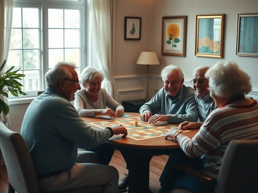 A group of retirees enjoying a social gathering, playing cards and chatting over refreshments. The atmosphere is warm and friendly, promoting social interaction and camaraderie.