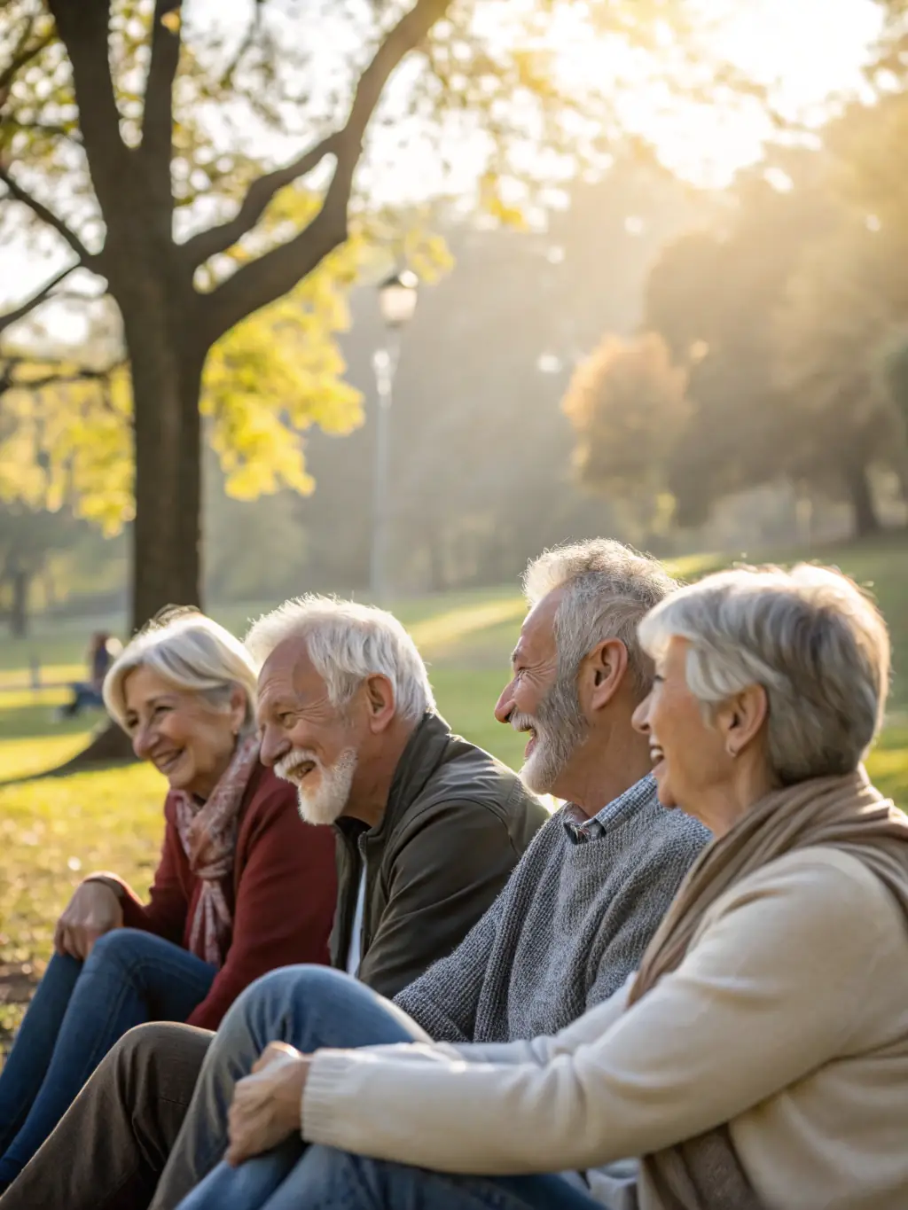 Retirees laughing and chatting together after a CLUB RETRAITES M.G.E.N activity, emphasizing the social connections and friendships formed within the club.