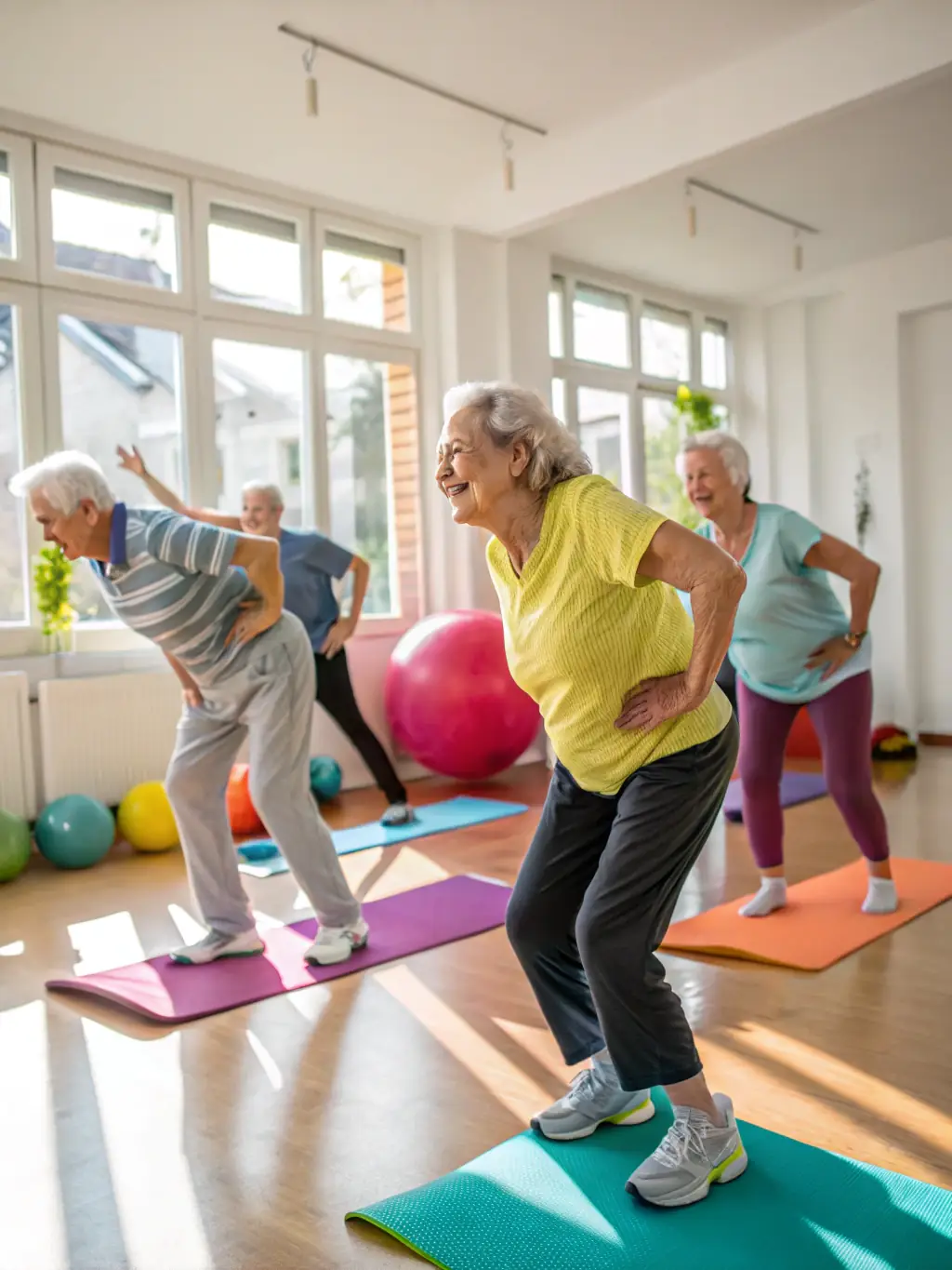 A diverse group of retirees engaged in a light cardio exercise during a CLUB RETRAITES M.G.E.N session, highlighting the inclusivity and adaptability of the programs.