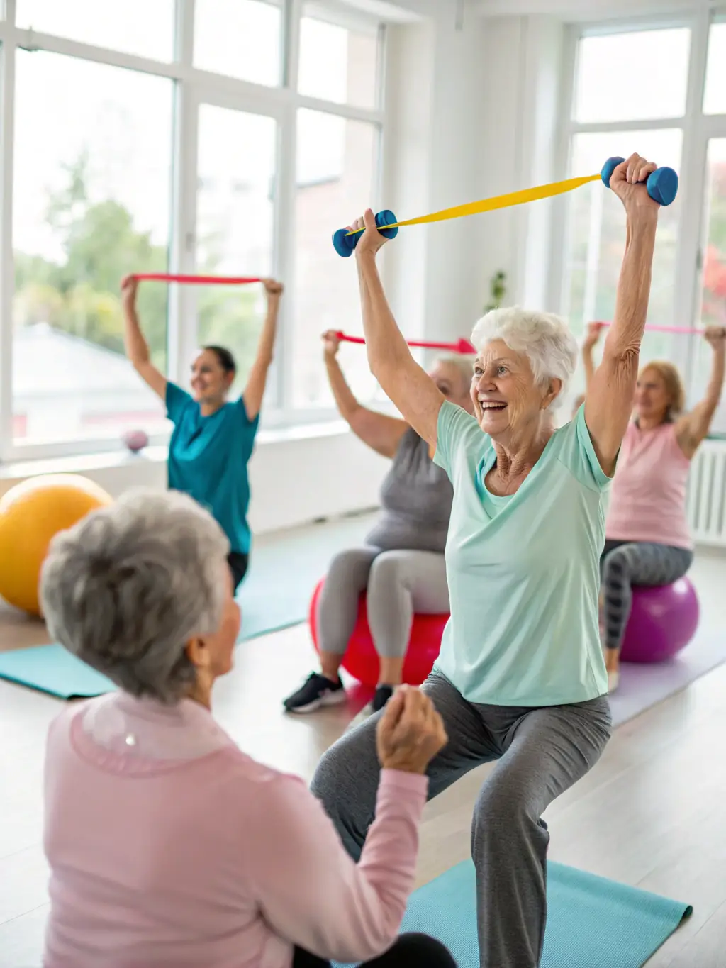 A group of retirees participating in a gentle stretching exercise during a voluntary gymnastics class, with a qualified instructor guiding them in a bright and spacious studio.