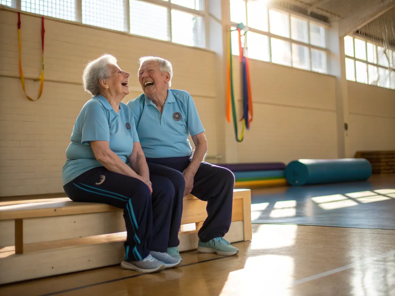 A candid shot of two retirees laughing and chatting together after a gymnastics class at CLUB RETRAITES M.G.E.N. They are holding water bottles and appear relaxed and happy.