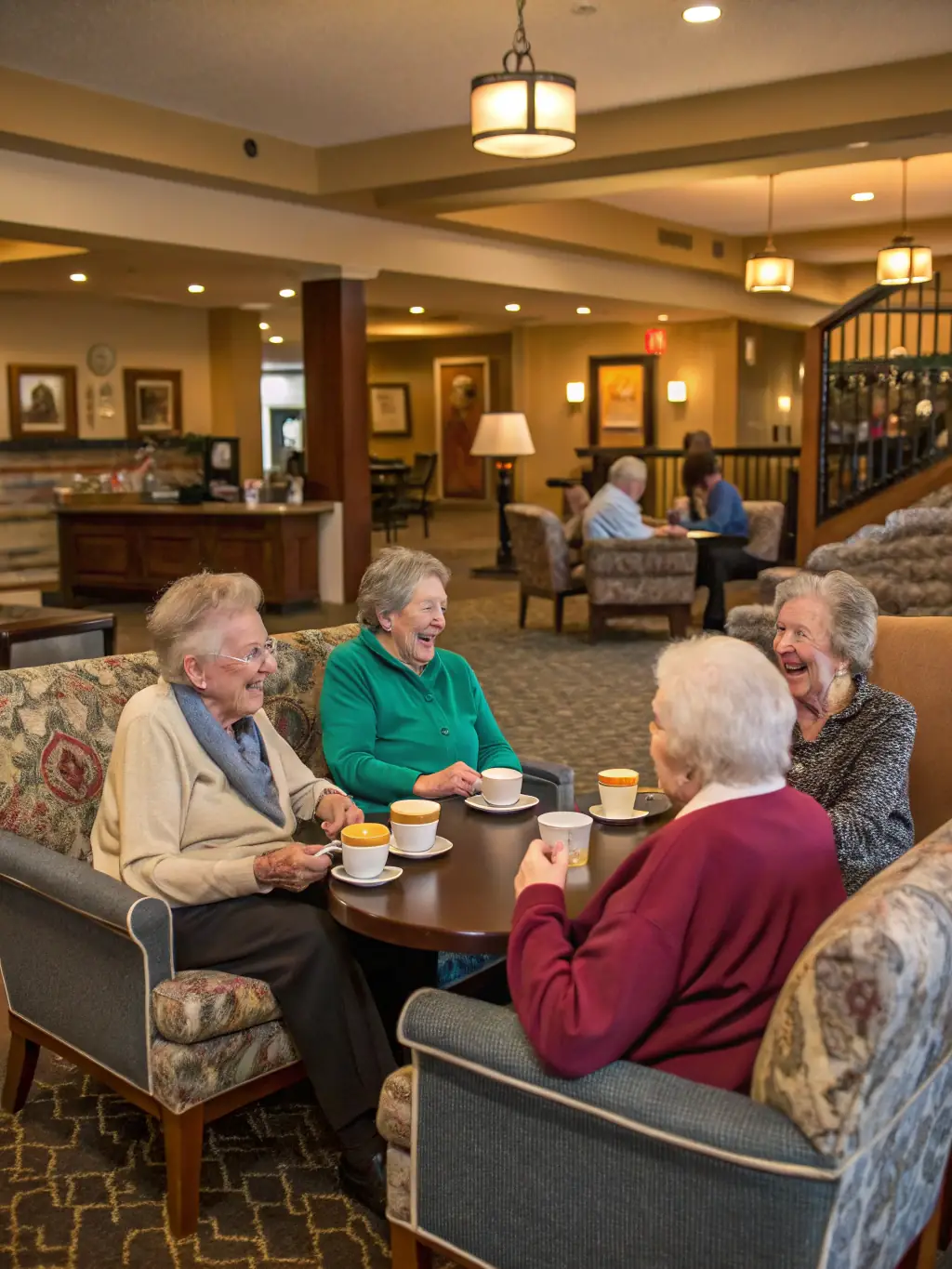 A group of seniors laughing and socializing after a gymnastics class, enjoying refreshments and conversation in a comfortable lounge area.