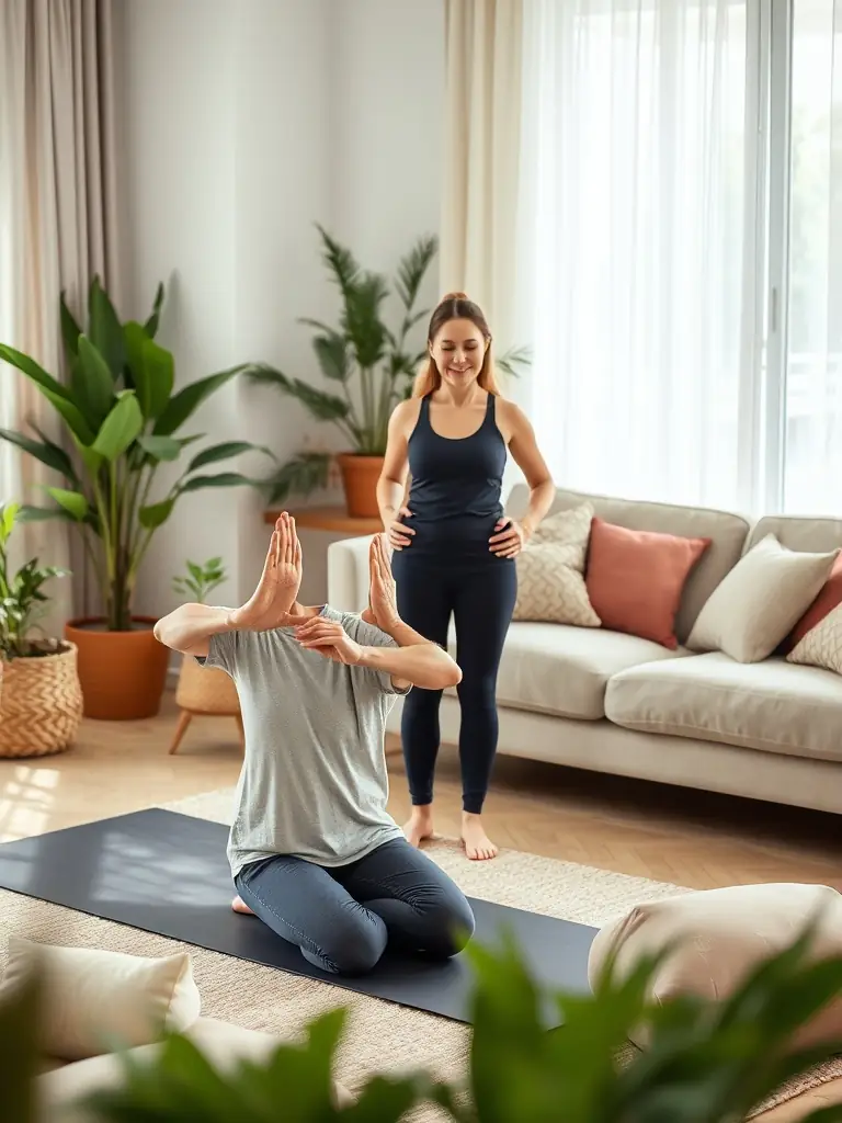 A retiree confidently performing a modified yoga pose during a CLUB RETRAITES M.G.E.N class, showcasing the empowerment and improved quality of life gained through participation.